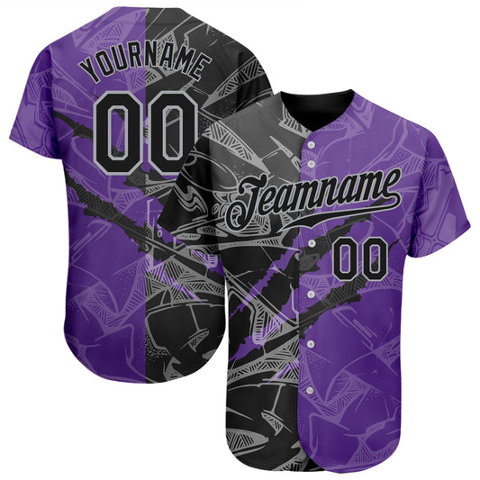Custom Graffiti Pattern Black Purple-Gray 3D Scratch Authentic Baseball Jersey - Main View