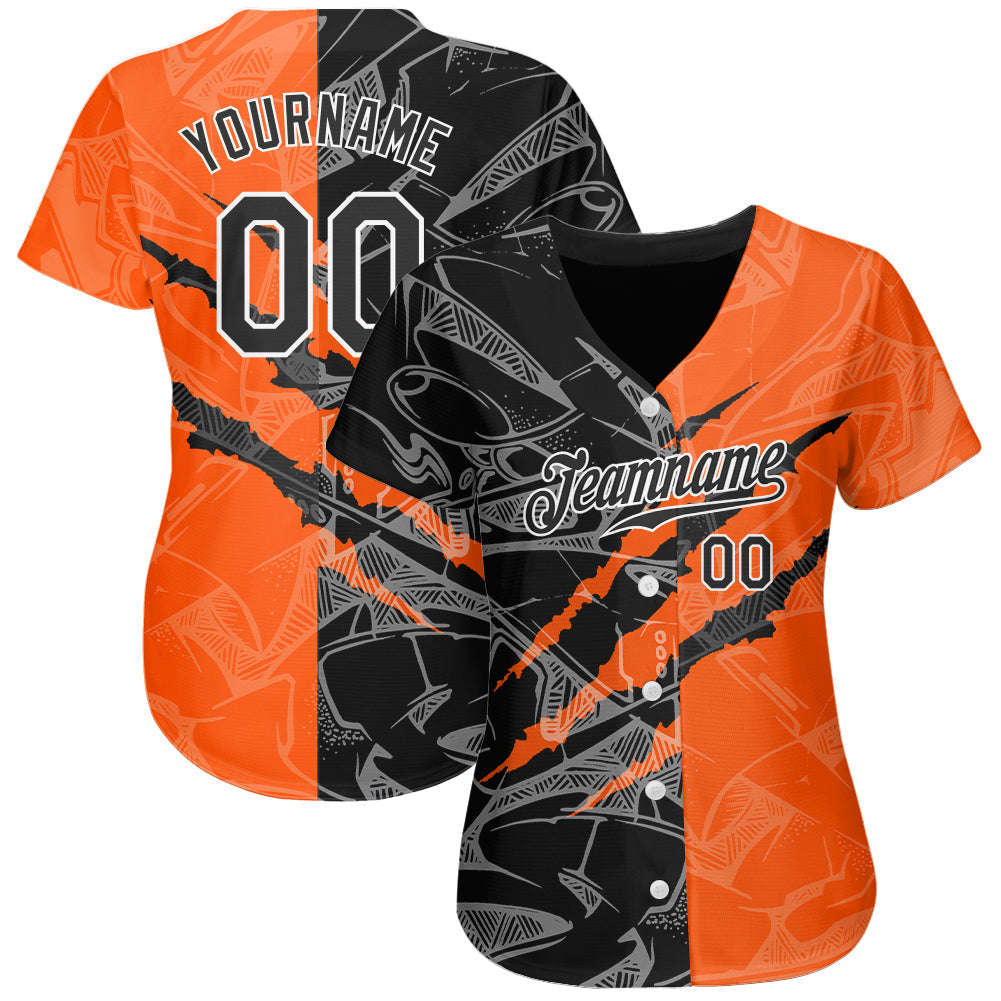 Custom Graffiti Pattern Black-Orange 3D Scratch Authentic Baseball Jersey view 2