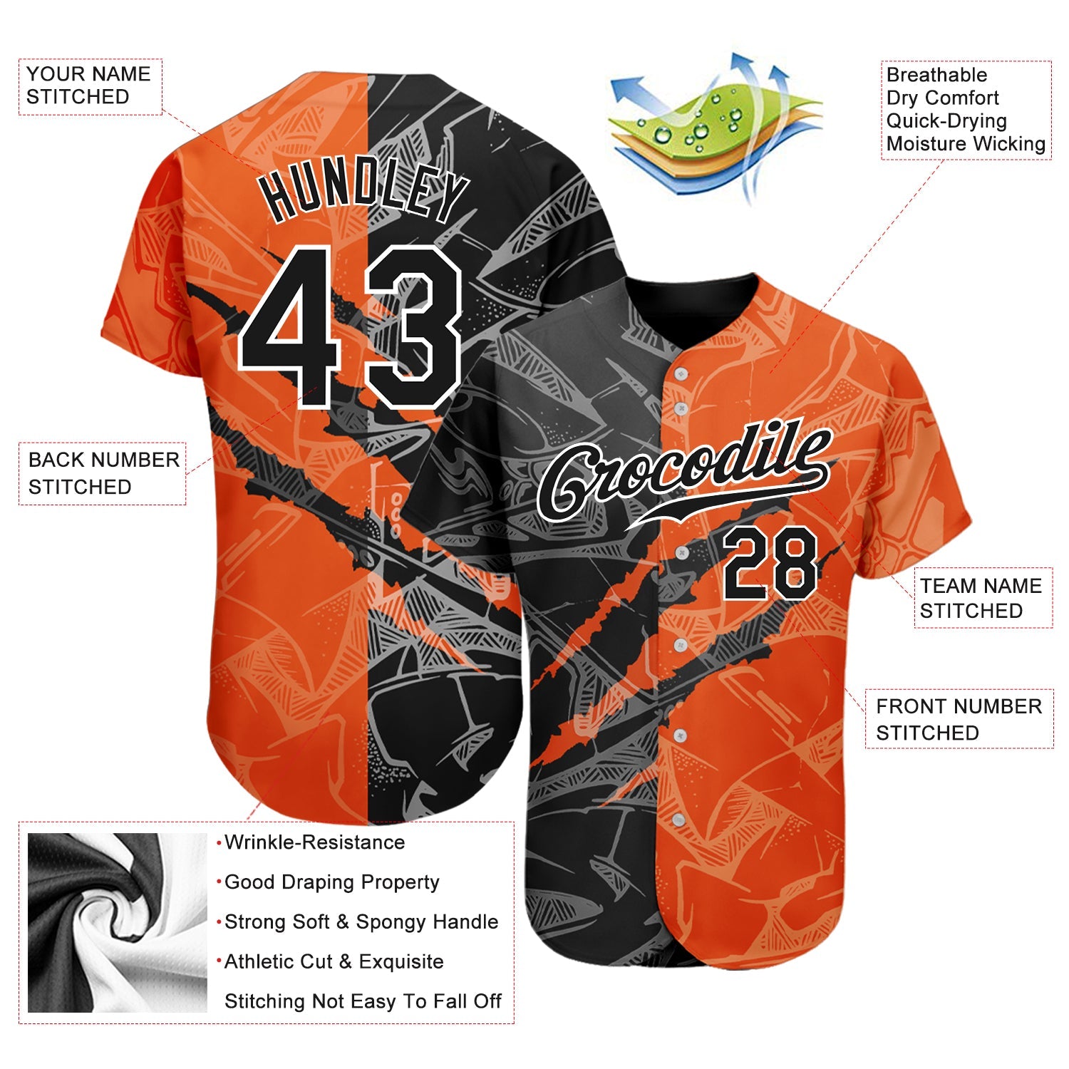 Custom Graffiti Pattern Black-Orange 3D Scratch Authentic Baseball Jersey view 3