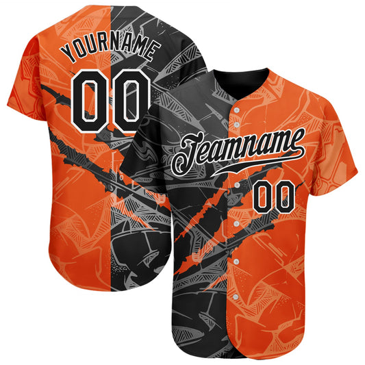 Custom Graffiti Pattern Black-Orange 3D Scratch Authentic Baseball Jersey - Main View