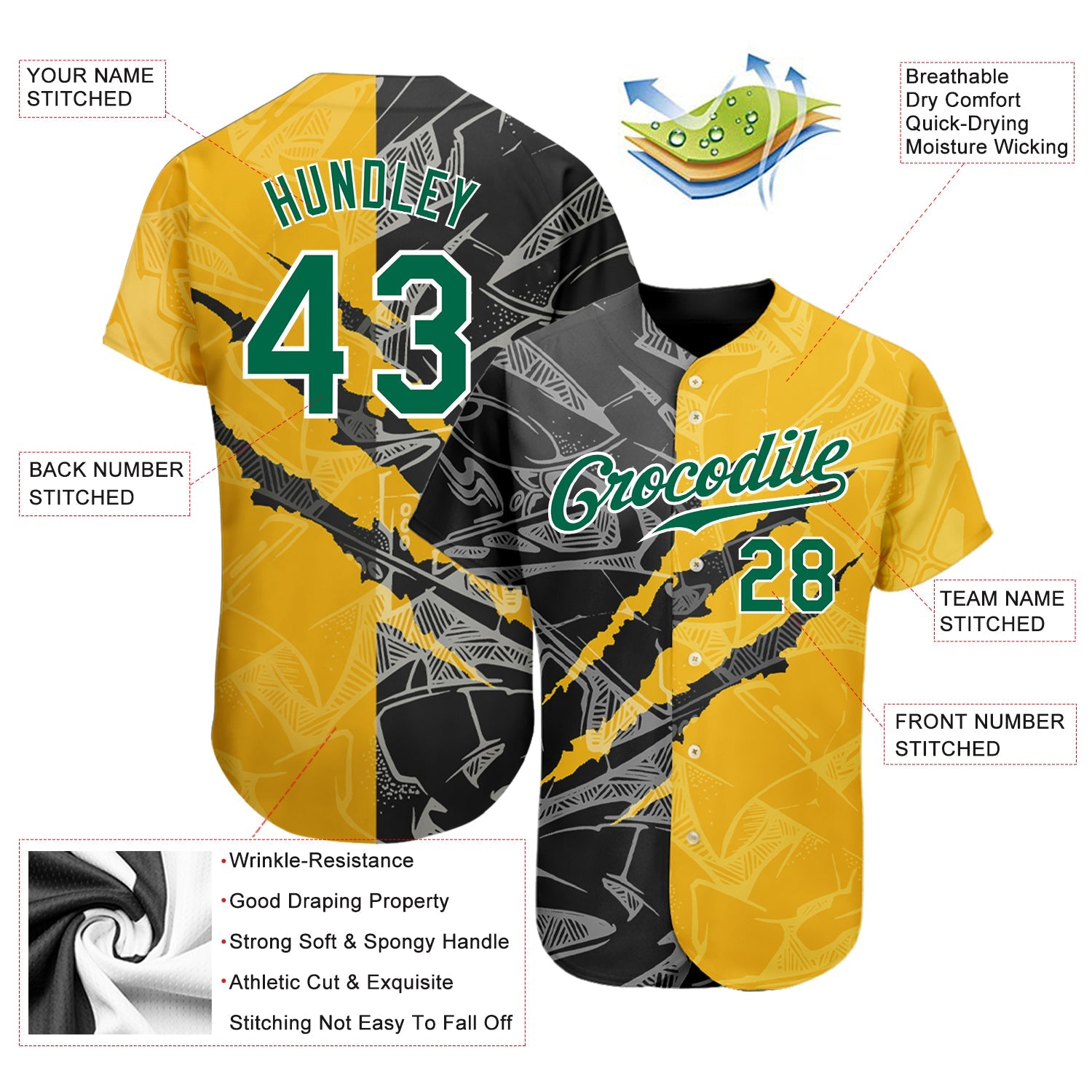 Custom Graffiti Pattern Kelly Green Yellow-Black 3D Scratch Authentic Baseball Jersey view 3