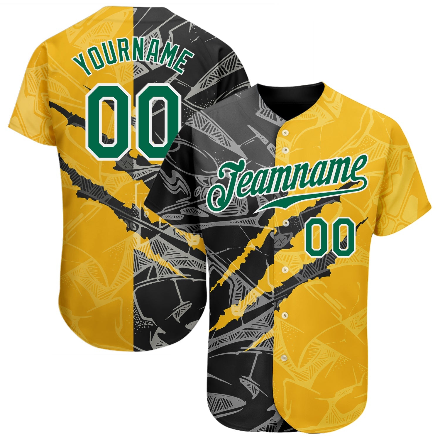 Custom Graffiti Pattern Kelly Green Yellow-Black 3D Scratch Authentic Baseball Jersey - Main View