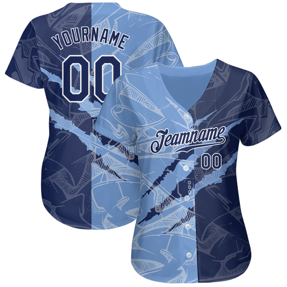 Custom Graffiti Pattern Navy-Light Blue 3D Scratch Authentic Baseball Jersey view 2