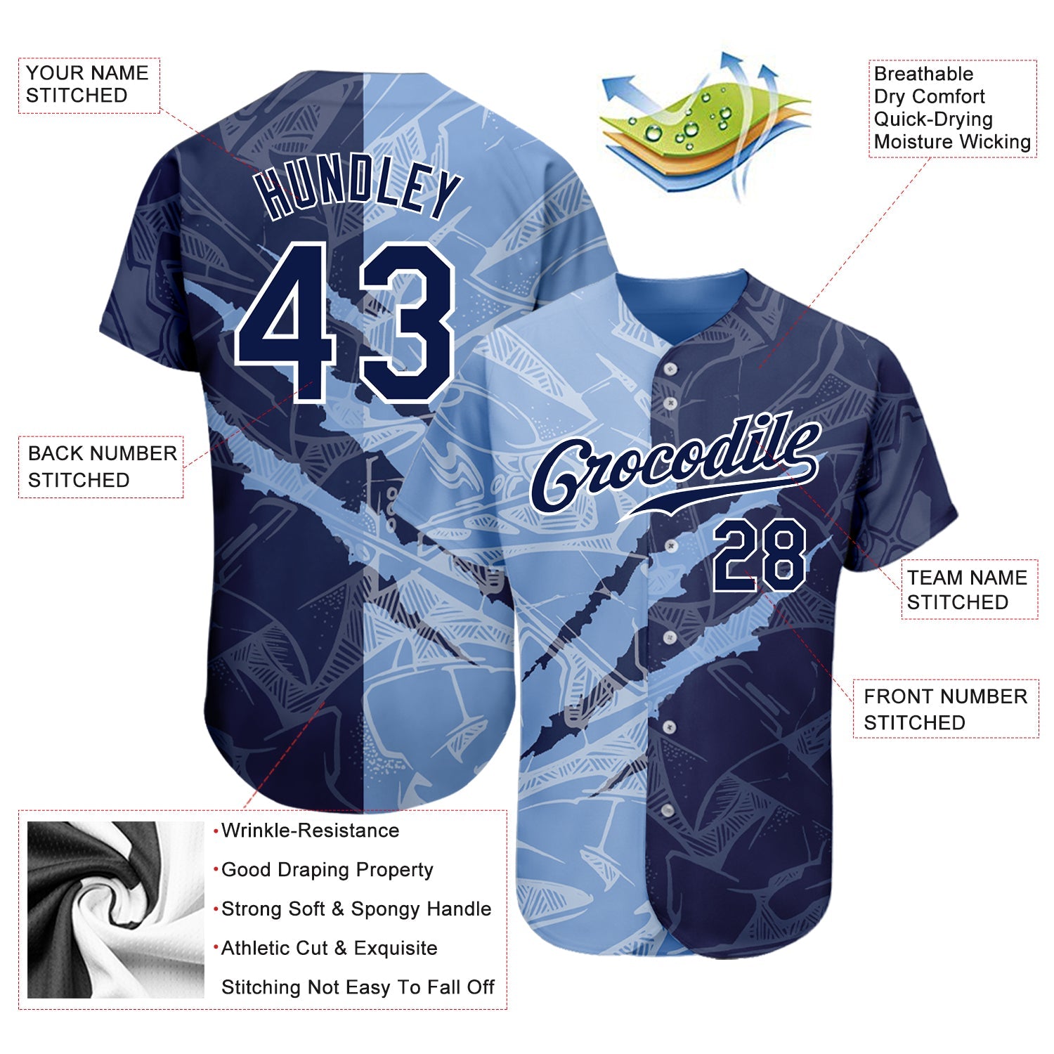 Custom Graffiti Pattern Navy-Light Blue 3D Scratch Authentic Baseball Jersey view 3