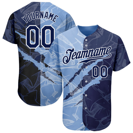 Custom Graffiti Pattern Navy-Light Blue 3D Scratch Authentic Baseball Jersey - Main View