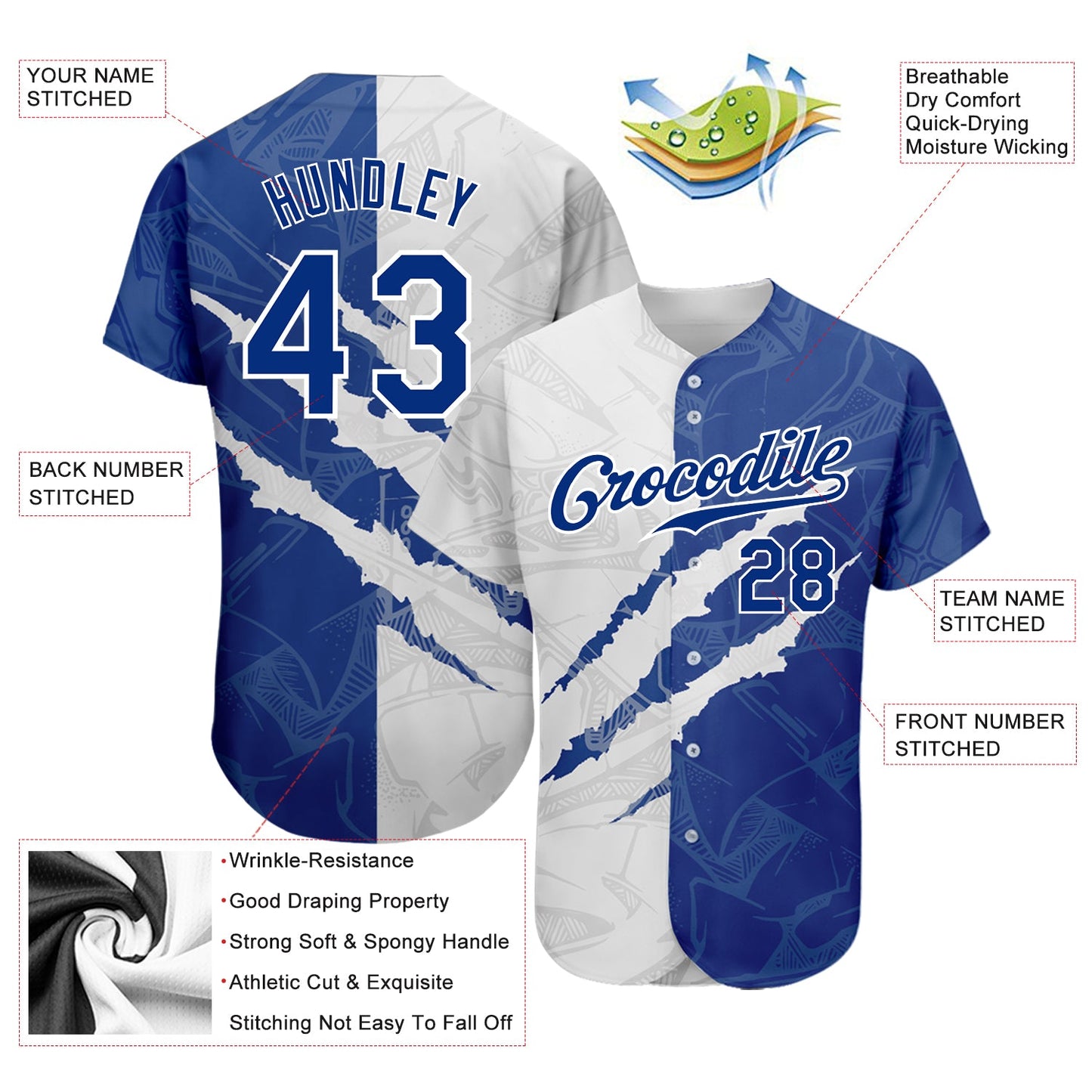 Custom Graffiti Pattern Royal-White 3D Scratch Authentic Baseball Jersey view 3