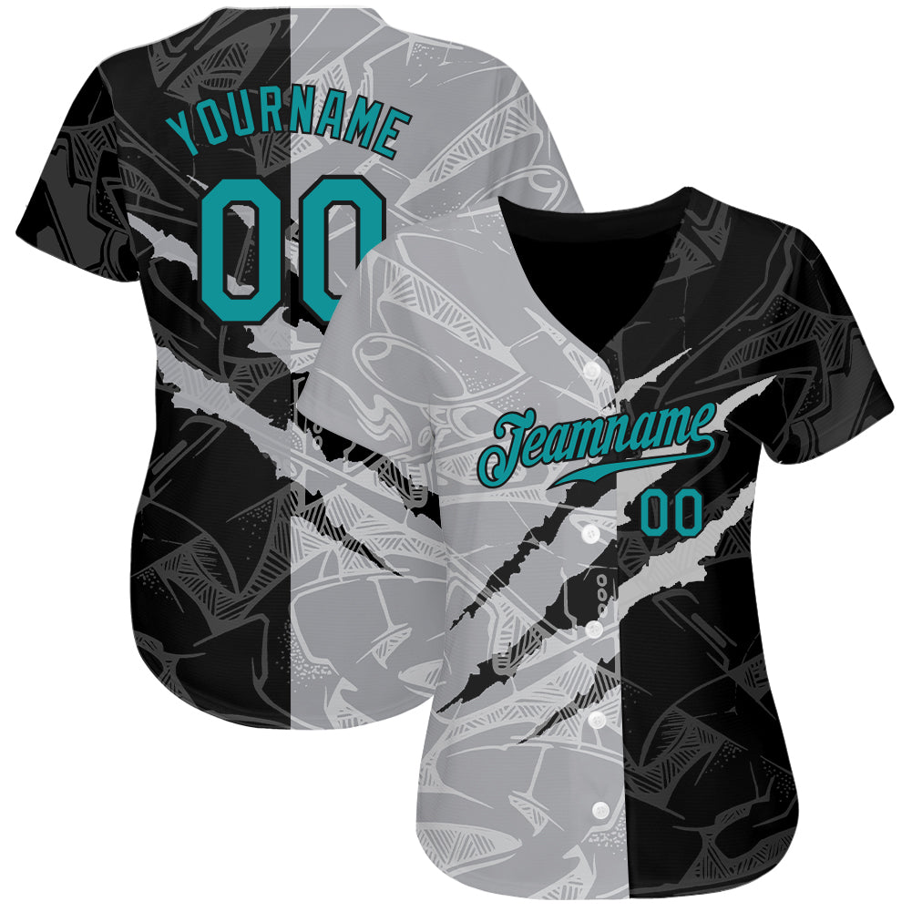 Custom Graffiti Pattern Teal Gray-Black 3D Scratch Authentic Baseball Jersey view 2