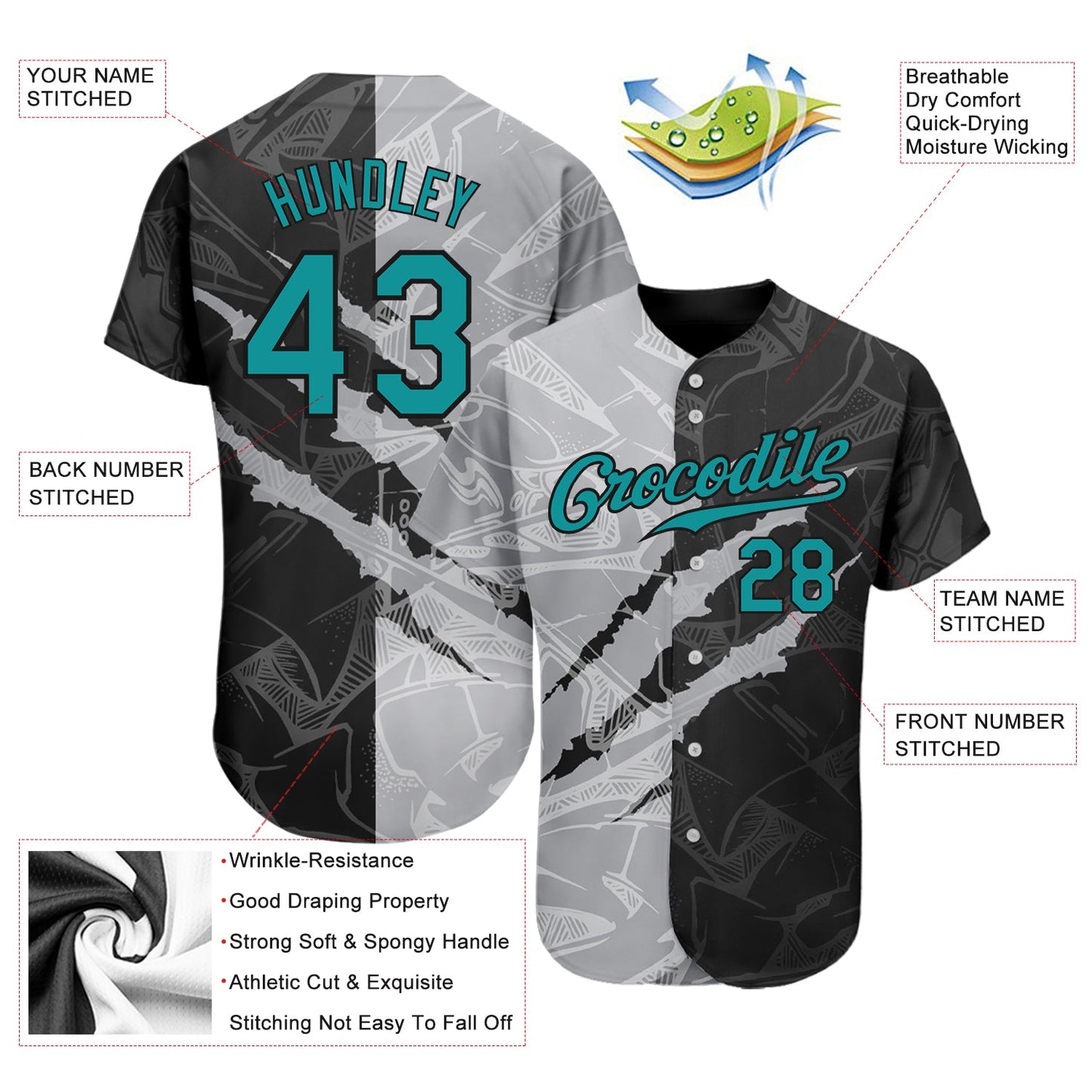 Custom Graffiti Pattern Teal Gray-Black 3D Scratch Authentic Baseball Jersey view 3
