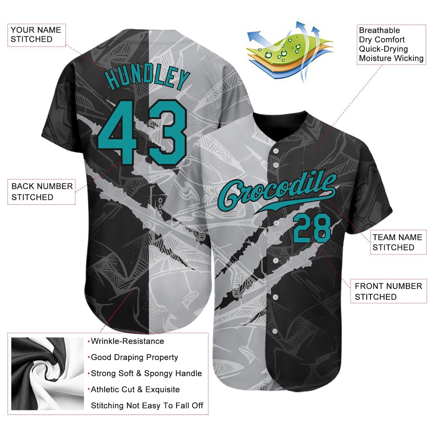 Custom Graffiti Pattern Teal Gray-Black 3D Scratch Authentic Baseball Jersey view 3