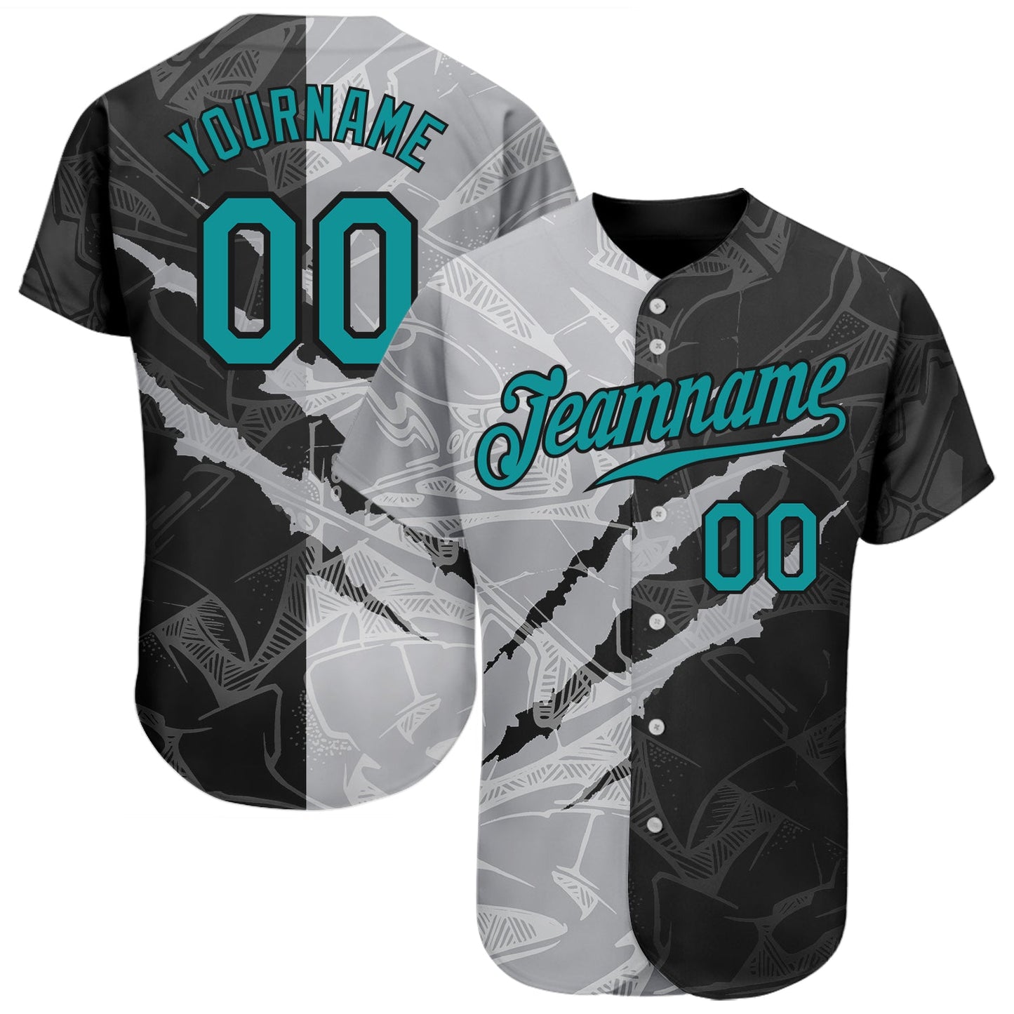 Custom Graffiti Pattern Teal Gray-Black 3D Scratch Authentic Baseball Jersey - Main View