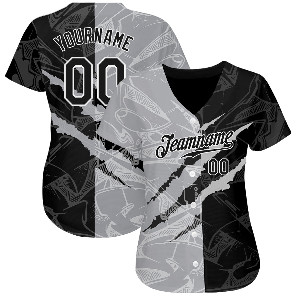 Custom Graffiti Pattern Black-Gray 3D Scratch Authentic Baseball Jersey view 2