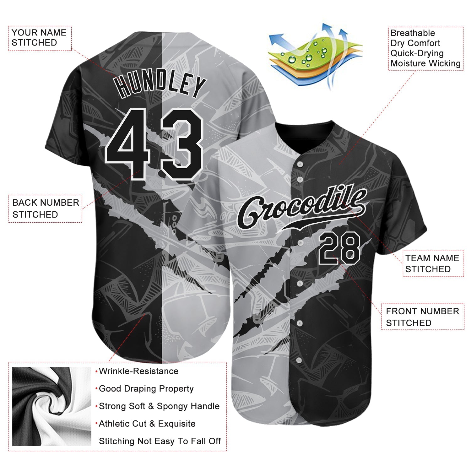 Custom Graffiti Pattern Black-Gray 3D Scratch Authentic Baseball Jersey view 3