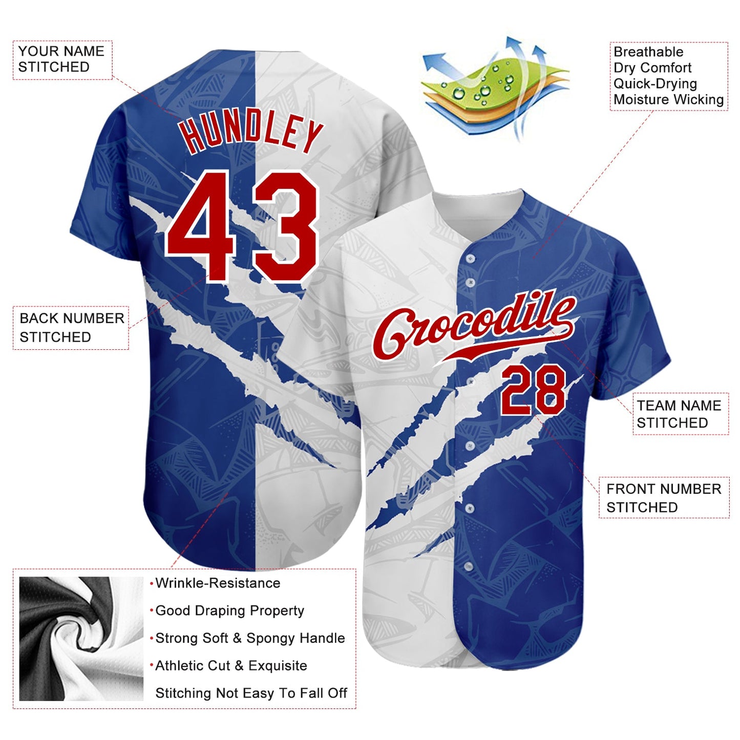 Custom Graffiti Pattern Red-Royal 3D Scratch Authentic Baseball Jersey view 3