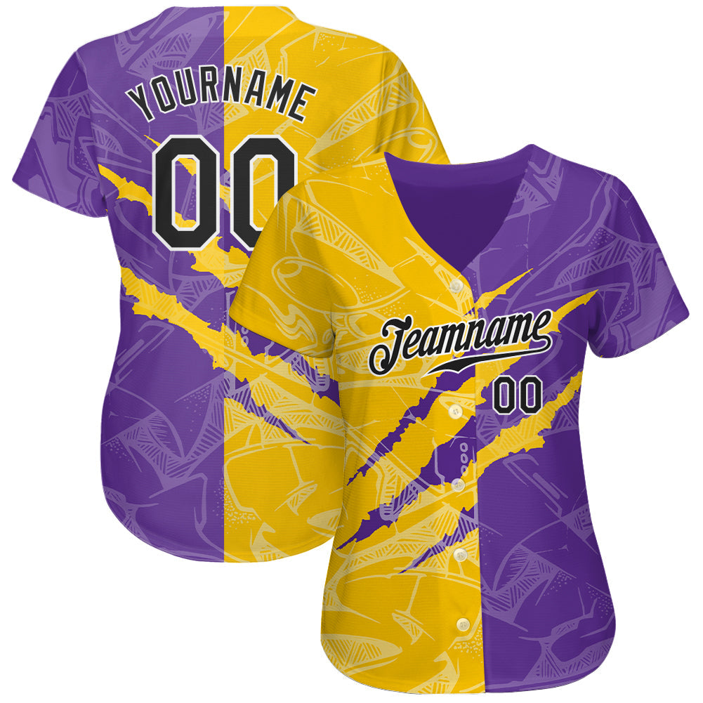 Custom Graffiti Pattern Black Yellow-Purple 3D Scratch Authentic Baseball Jersey view 2