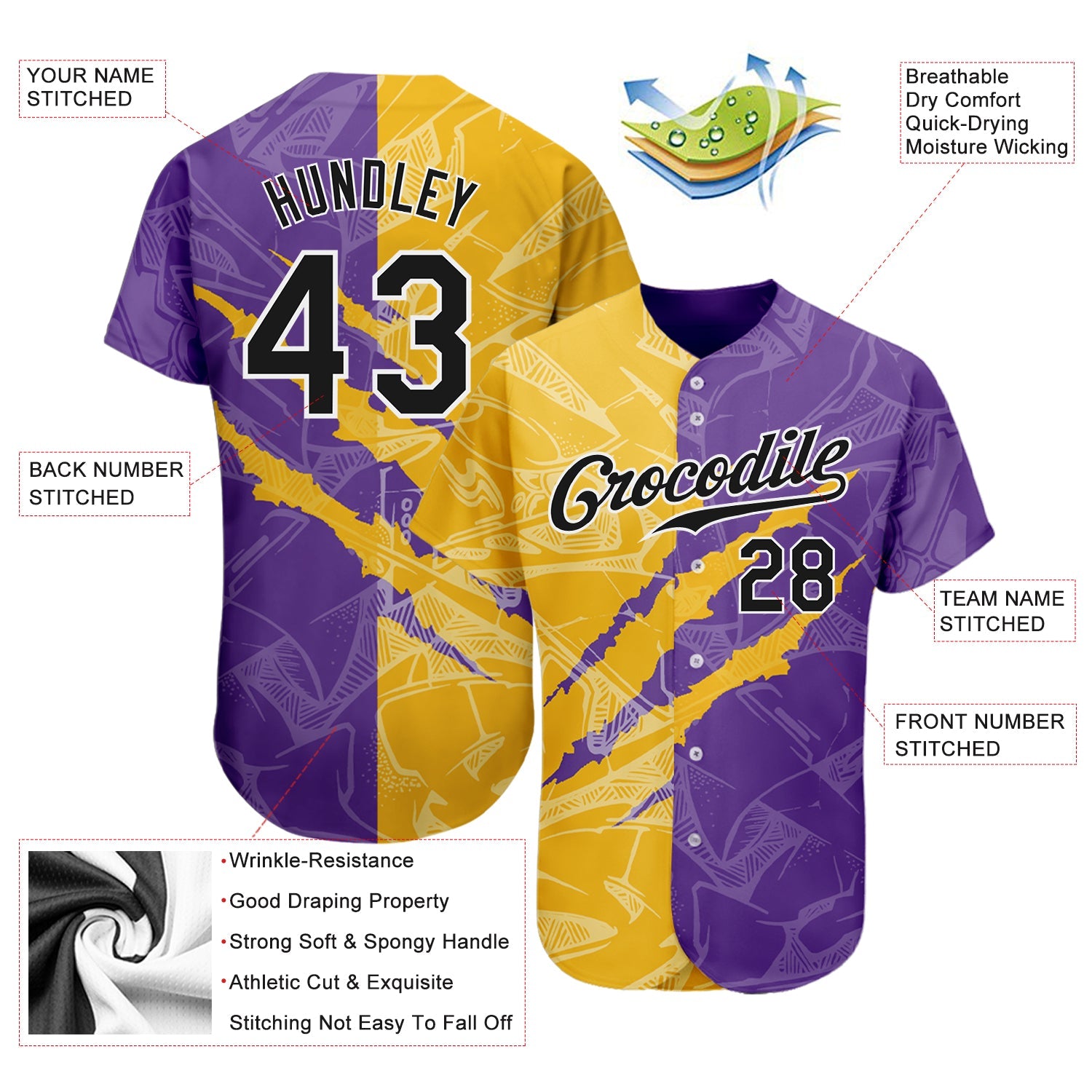 Custom Graffiti Pattern Black Yellow-Purple 3D Scratch Authentic Baseball Jersey view 3