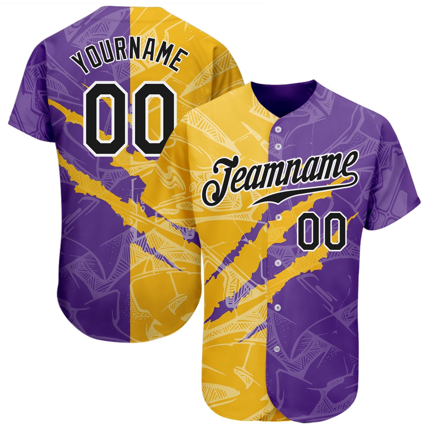 Custom Graffiti Pattern Black Yellow-Purple 3D Scratch Authentic Baseball Jersey - Main View