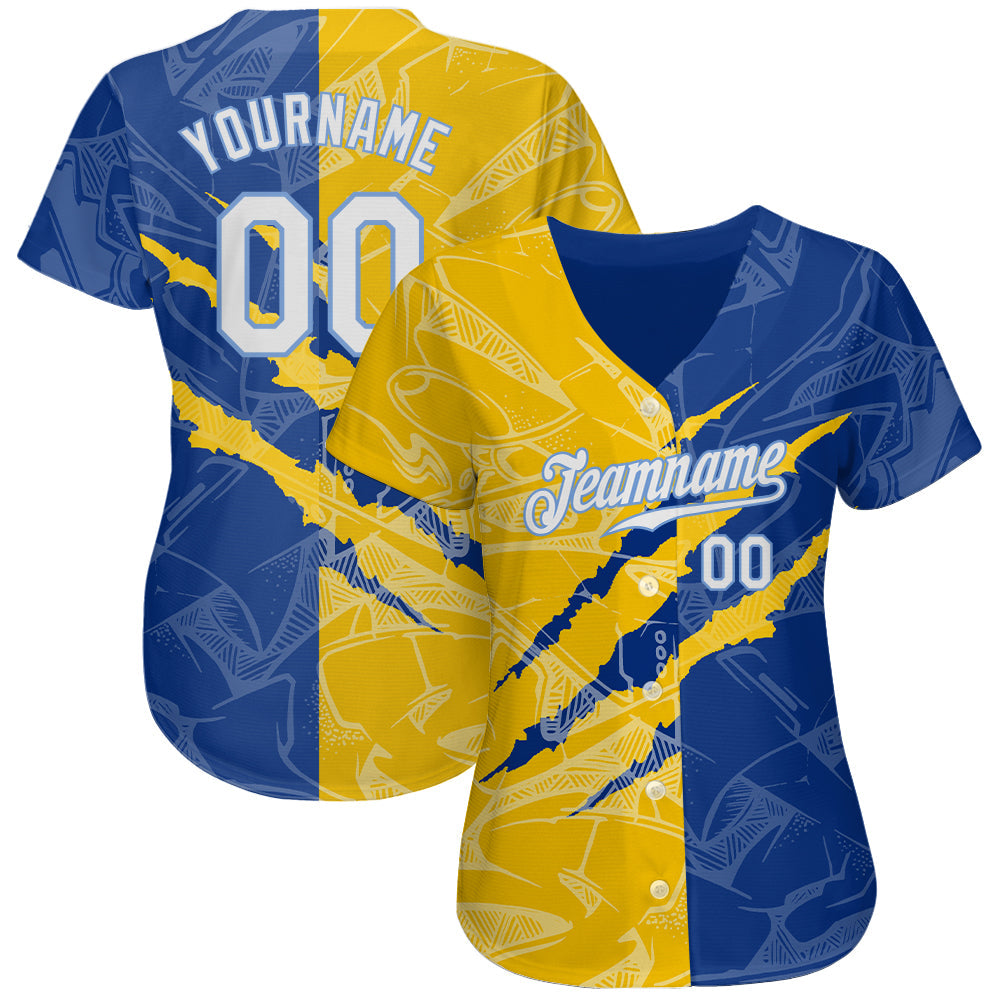 Custom Graffiti Pattern White Yellow Royal-Light Blue 3D Scratch Authentic Baseball Jersey view 2