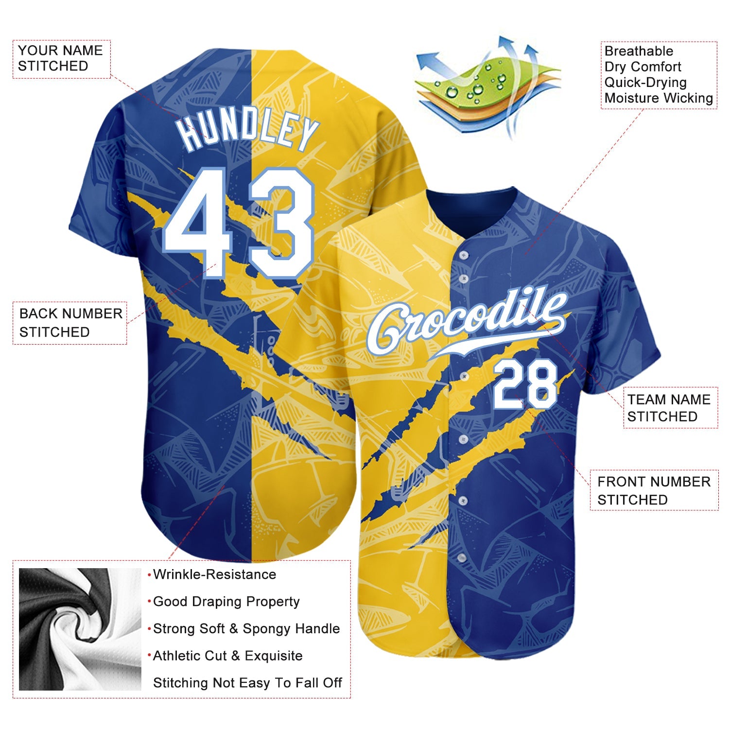 Custom Graffiti Pattern White Yellow Royal-Light Blue 3D Scratch Authentic Baseball Jersey view 3