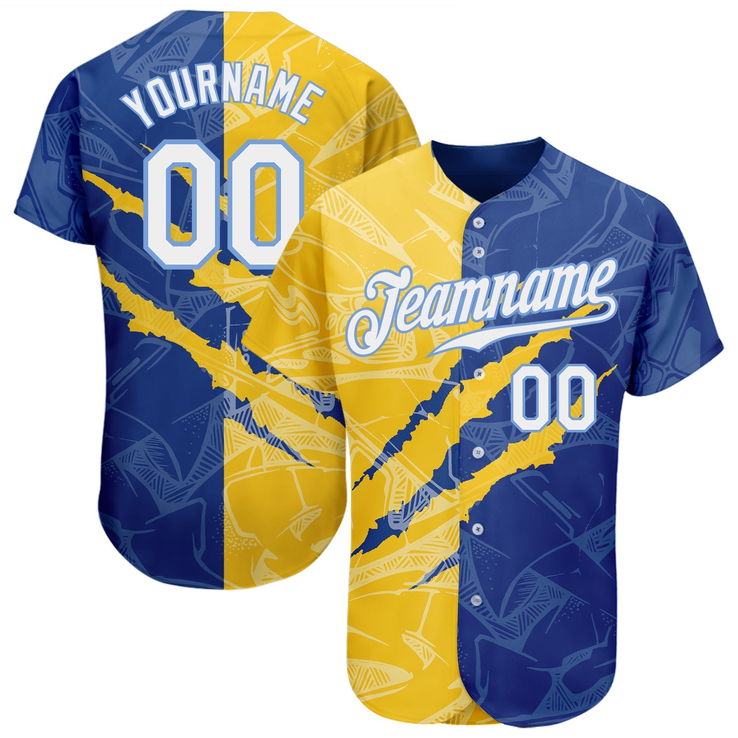 Custom Graffiti Pattern White Yellow Royal-Light Blue 3D Scratch Authentic Baseball Jersey - Main View