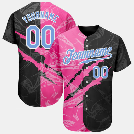 Custom Graffiti Pattern Light Blue Pink-Black 3D Scratch Authentic Baseball Jersey - Main View