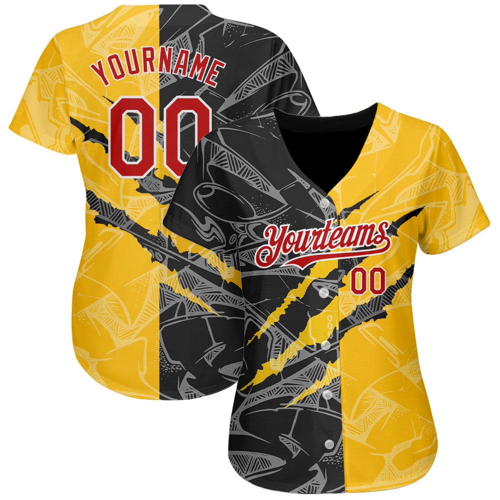 Custom Graffiti Pattern Red Yellow-Black 3D Scratch Authentic Baseball Jersey view 2
