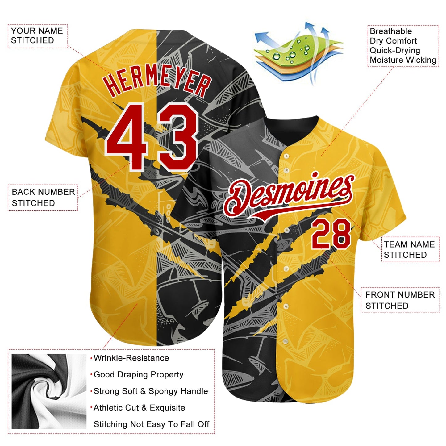 Custom Graffiti Pattern Red Yellow-Black 3D Scratch Authentic Baseball Jersey view 3