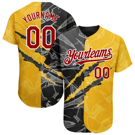Custom Graffiti Pattern Red Yellow-Black 3D Scratch Authentic Baseball Jersey - Main View