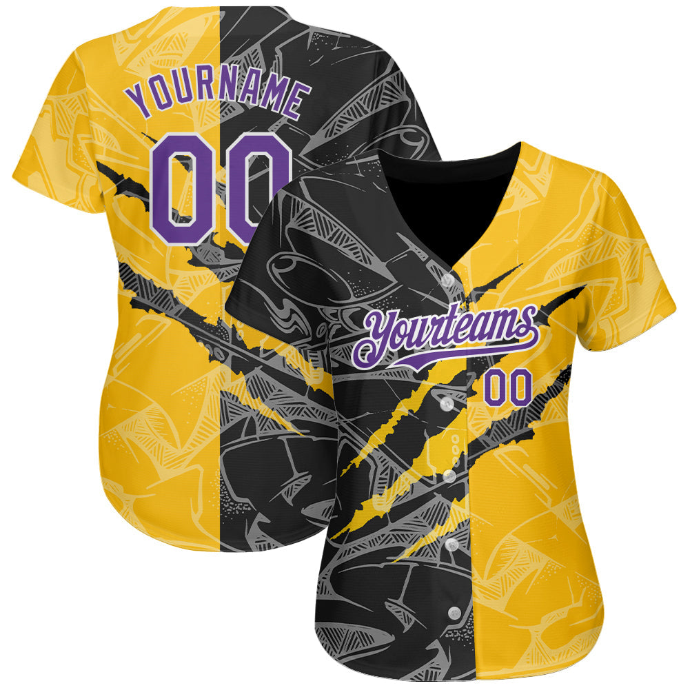Custom Graffiti Pattern Purple Yellow-Black 3D Scratch Authentic Baseball Jersey view 2