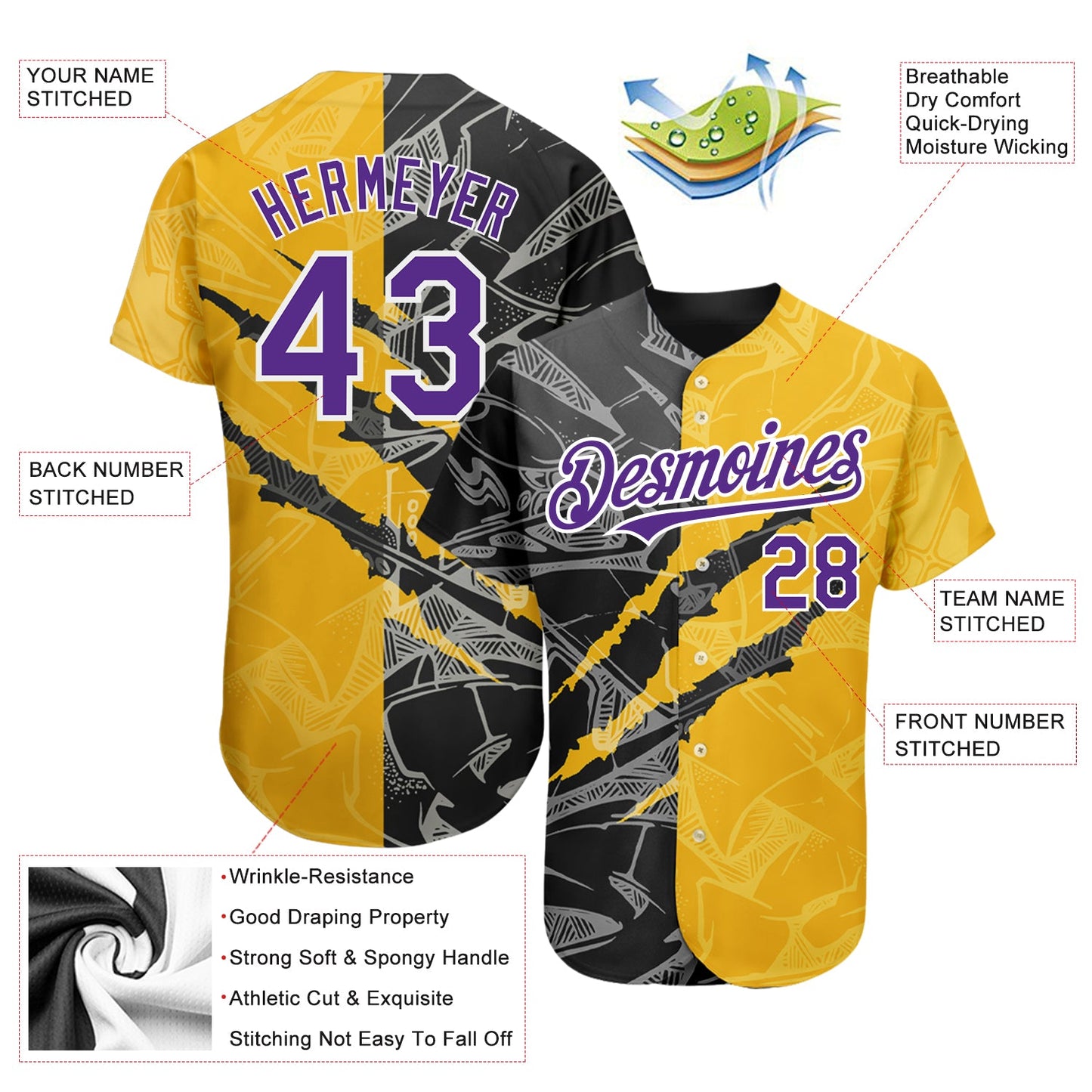 Custom Graffiti Pattern Purple Yellow-Black 3D Scratch Authentic Baseball Jersey view 3