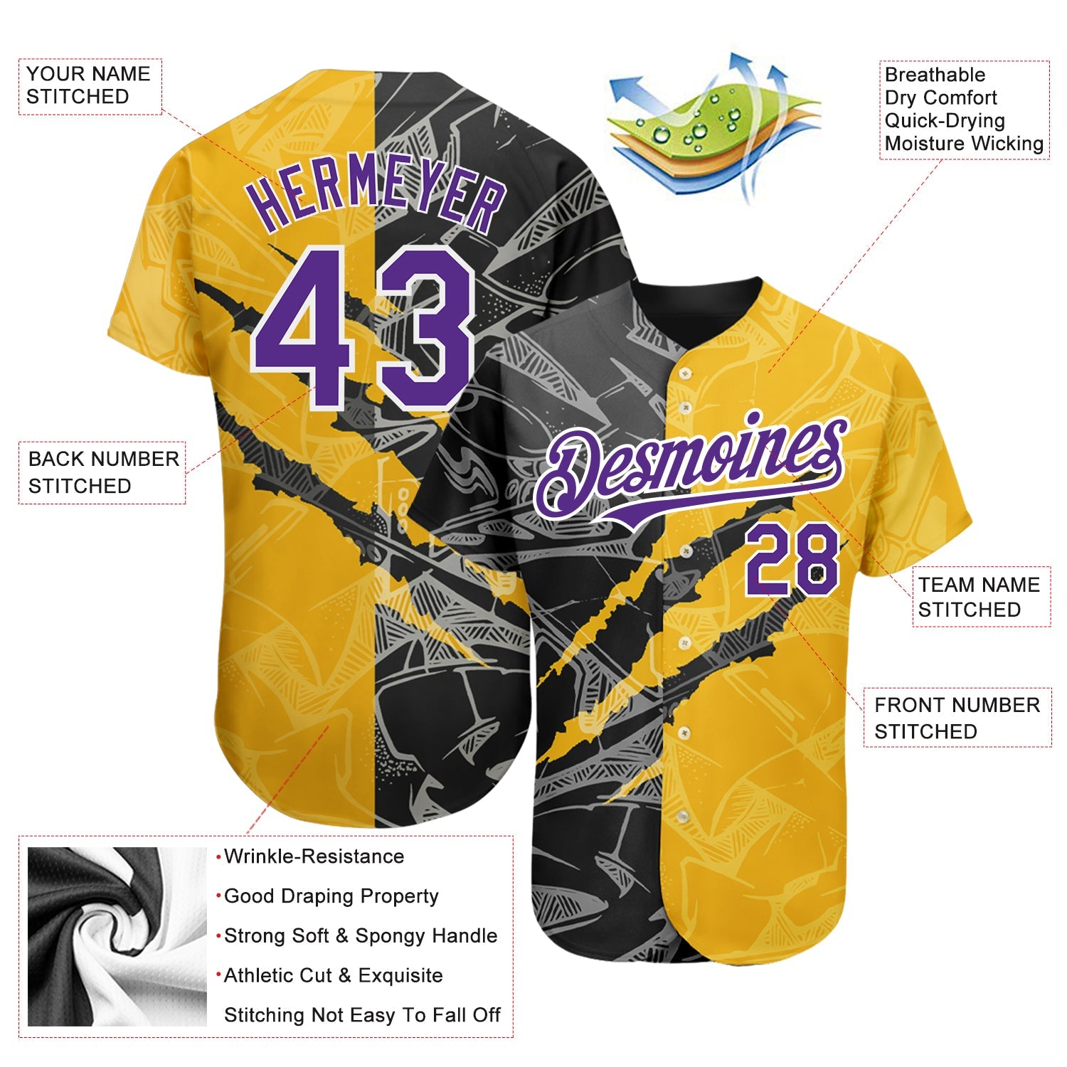 Custom Graffiti Pattern Purple Yellow-Black 3D Scratch Authentic Baseball Jersey view 3