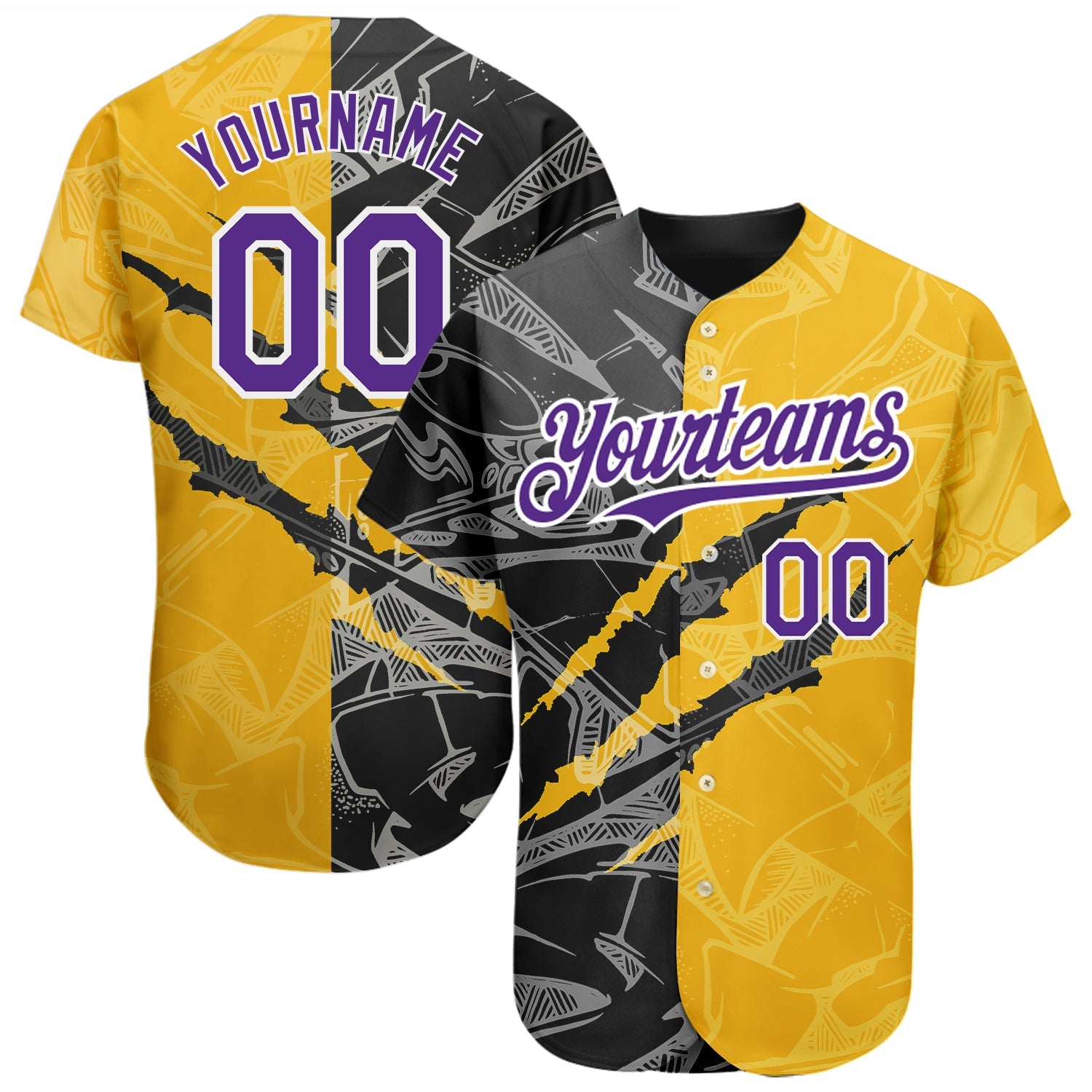 Custom Graffiti Pattern Purple Yellow-Black 3D Scratch Authentic Baseball Jersey - Main View
