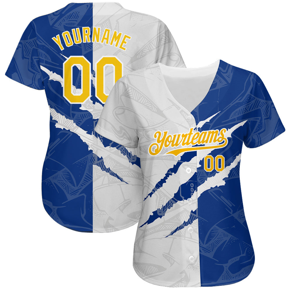 Custom Graffiti Pattern Yellow-Royal 3D Scratch Authentic Baseball Jersey view 2