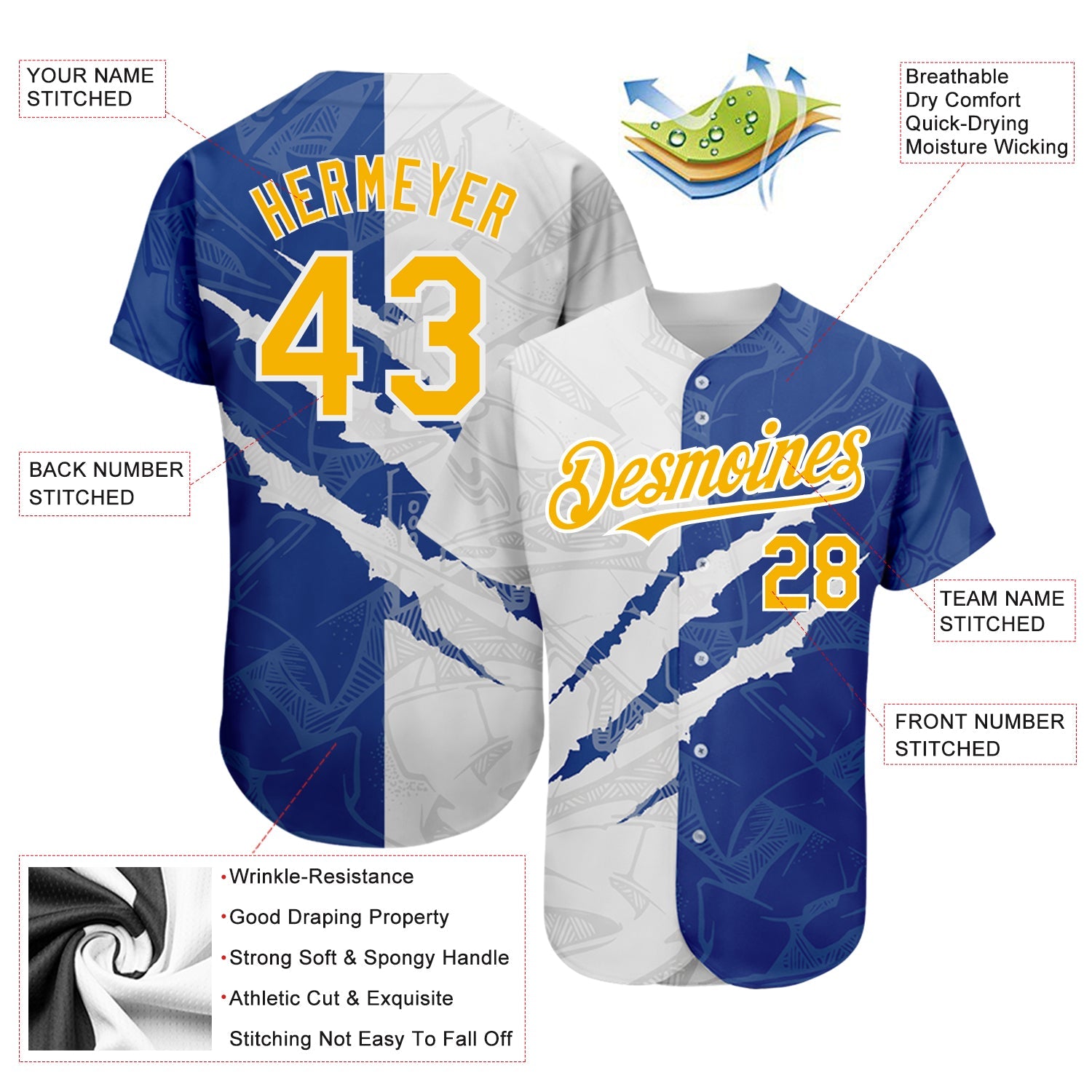 Custom Graffiti Pattern Yellow-Royal 3D Scratch Authentic Baseball Jersey view 3