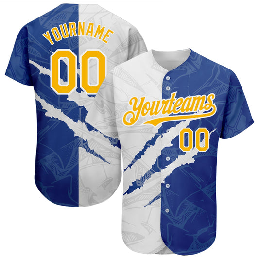 Custom Graffiti Pattern Yellow-Royal 3D Scratch Authentic Baseball Jersey - Main View