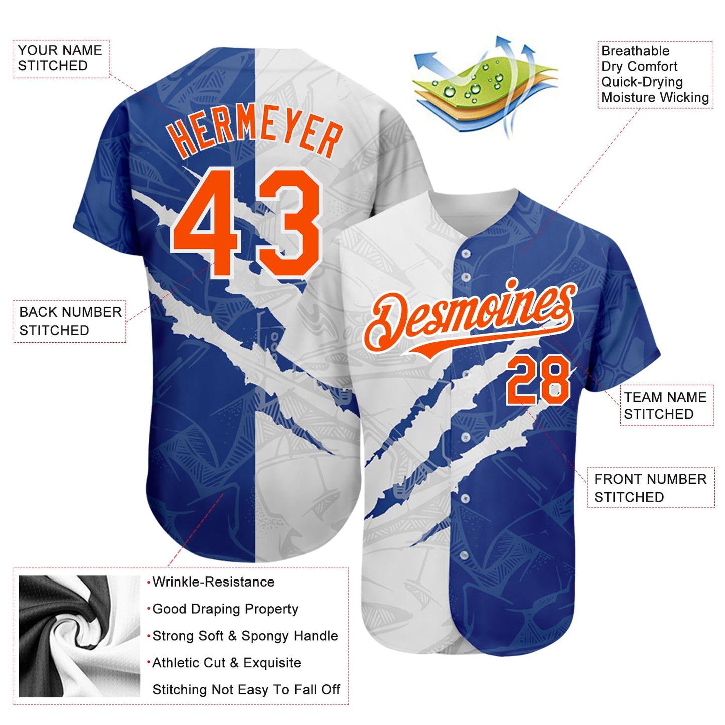 Custom Graffiti Pattern Orange-Royal 3D Scratch Authentic Baseball Jersey view 3