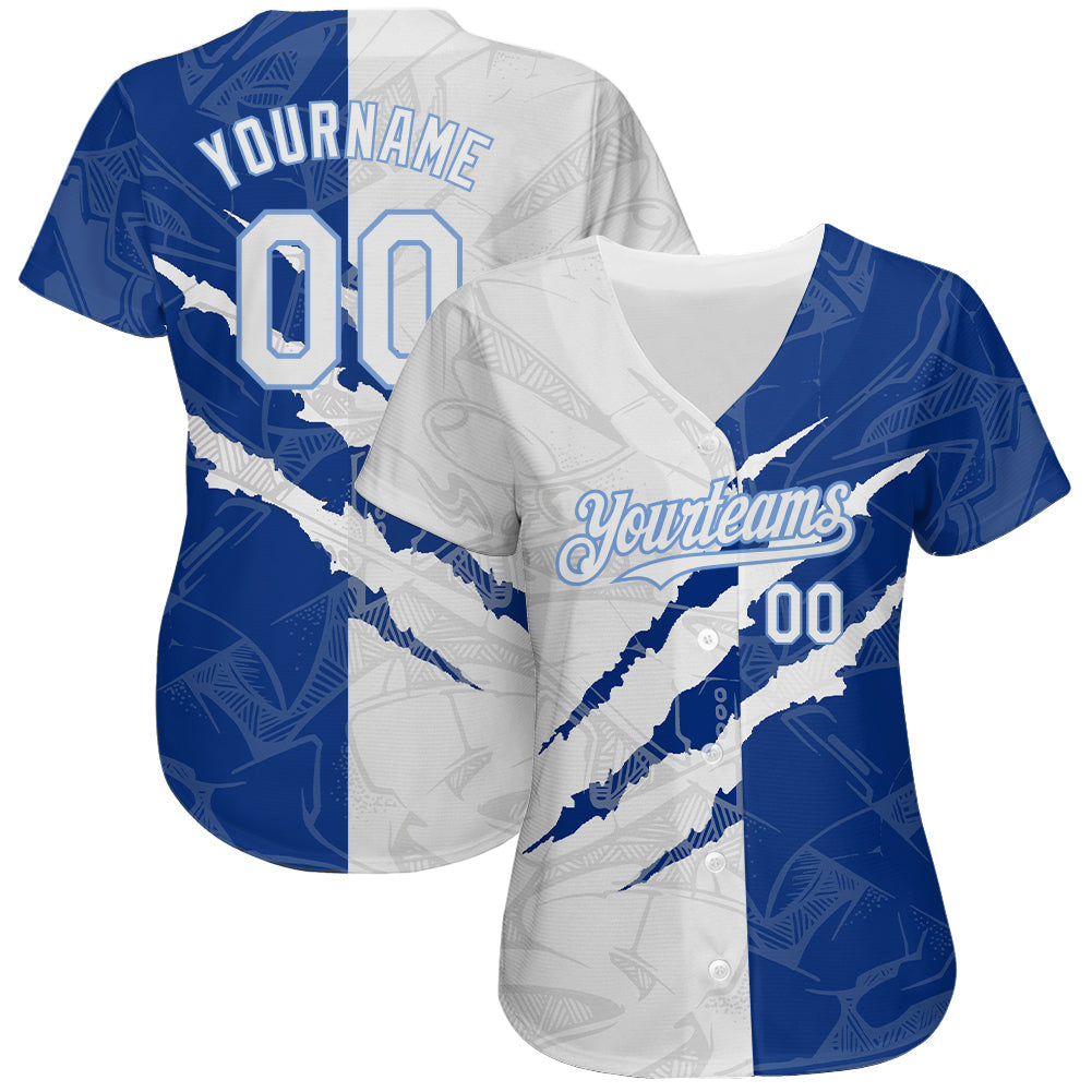 Custom Graffiti Pattern White Royal-Light Blue 3D Scratch Authentic Baseball Jersey view 2