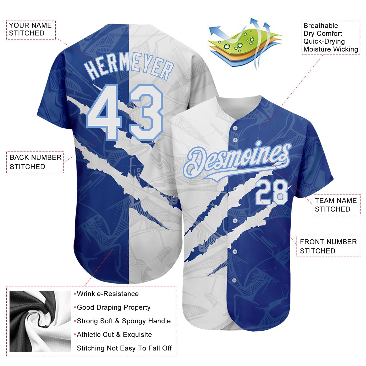 Custom Graffiti Pattern White Royal-Light Blue 3D Scratch Authentic Baseball Jersey view 3