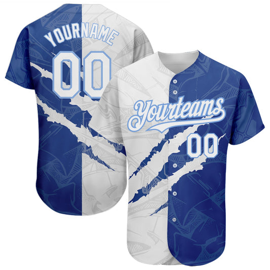 Custom Graffiti Pattern White Royal-Light Blue 3D Scratch Authentic Baseball Jersey - Main View