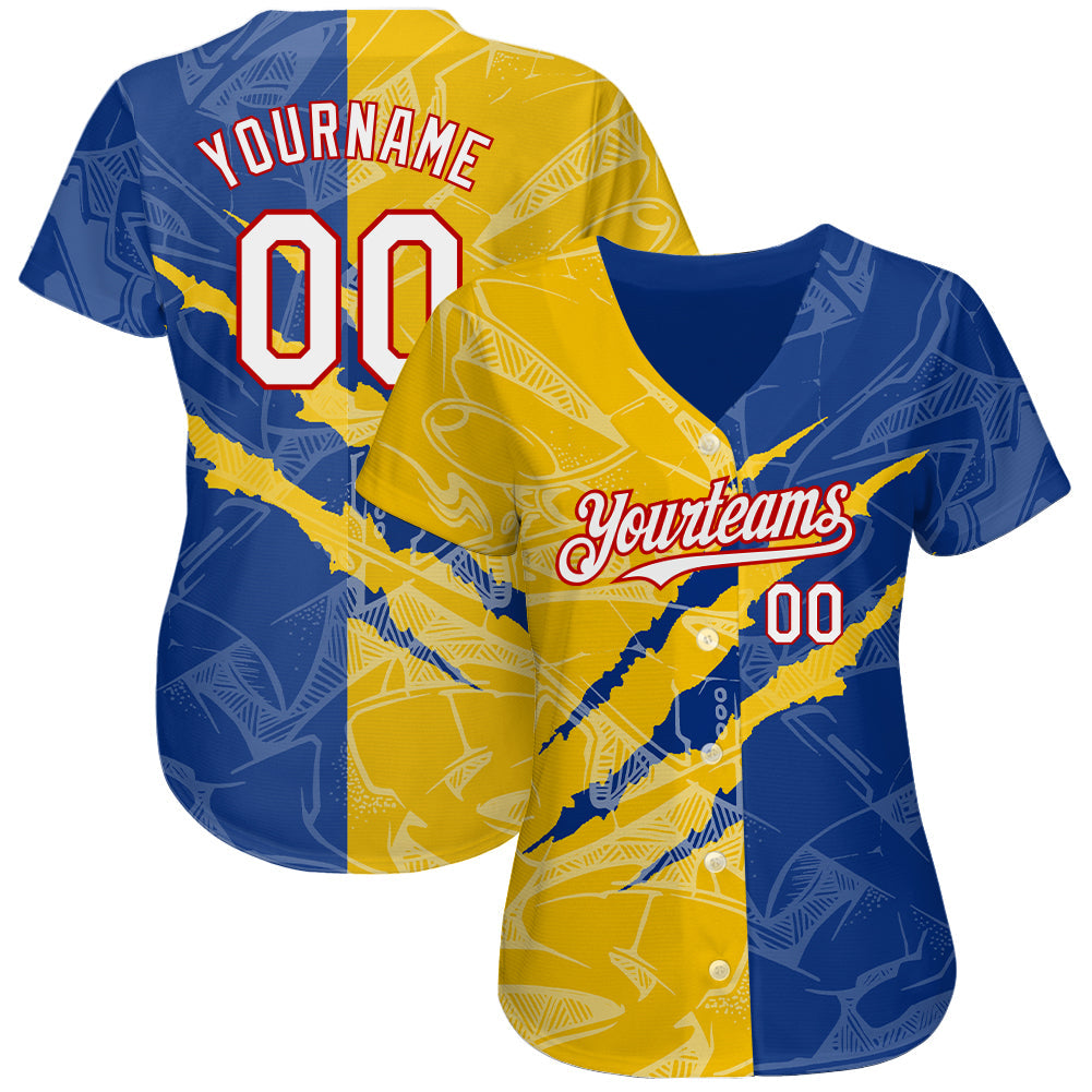 Custom Graffiti Pattern White Royal Yellow-Red 3D Scratch Authentic Baseball Jersey view 2