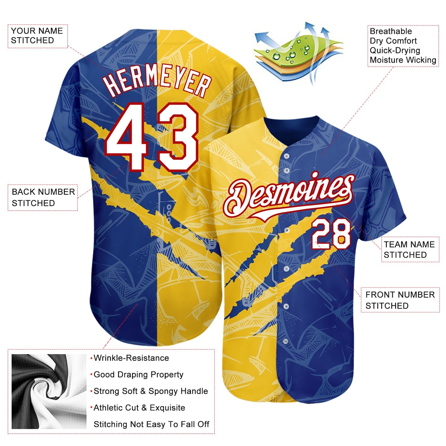 Custom Graffiti Pattern White Royal Yellow-Red 3D Scratch Authentic Baseball Jersey view 3