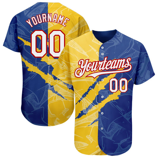 Custom Graffiti Pattern White Royal Yellow-Red 3D Scratch Authentic Baseball Jersey - Main View