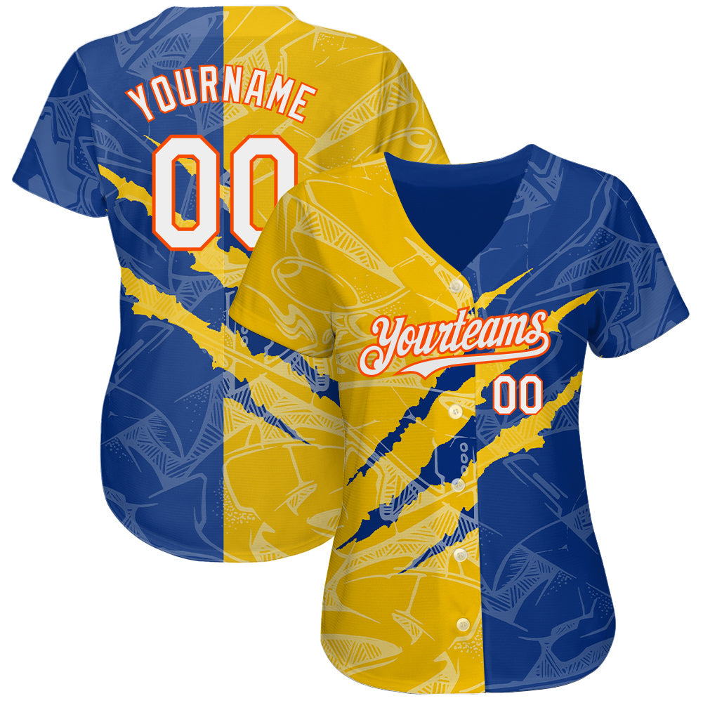 Custom Graffiti Pattern White Royal Yellow-Orange 3D Scratch Authentic Baseball Jersey view 2