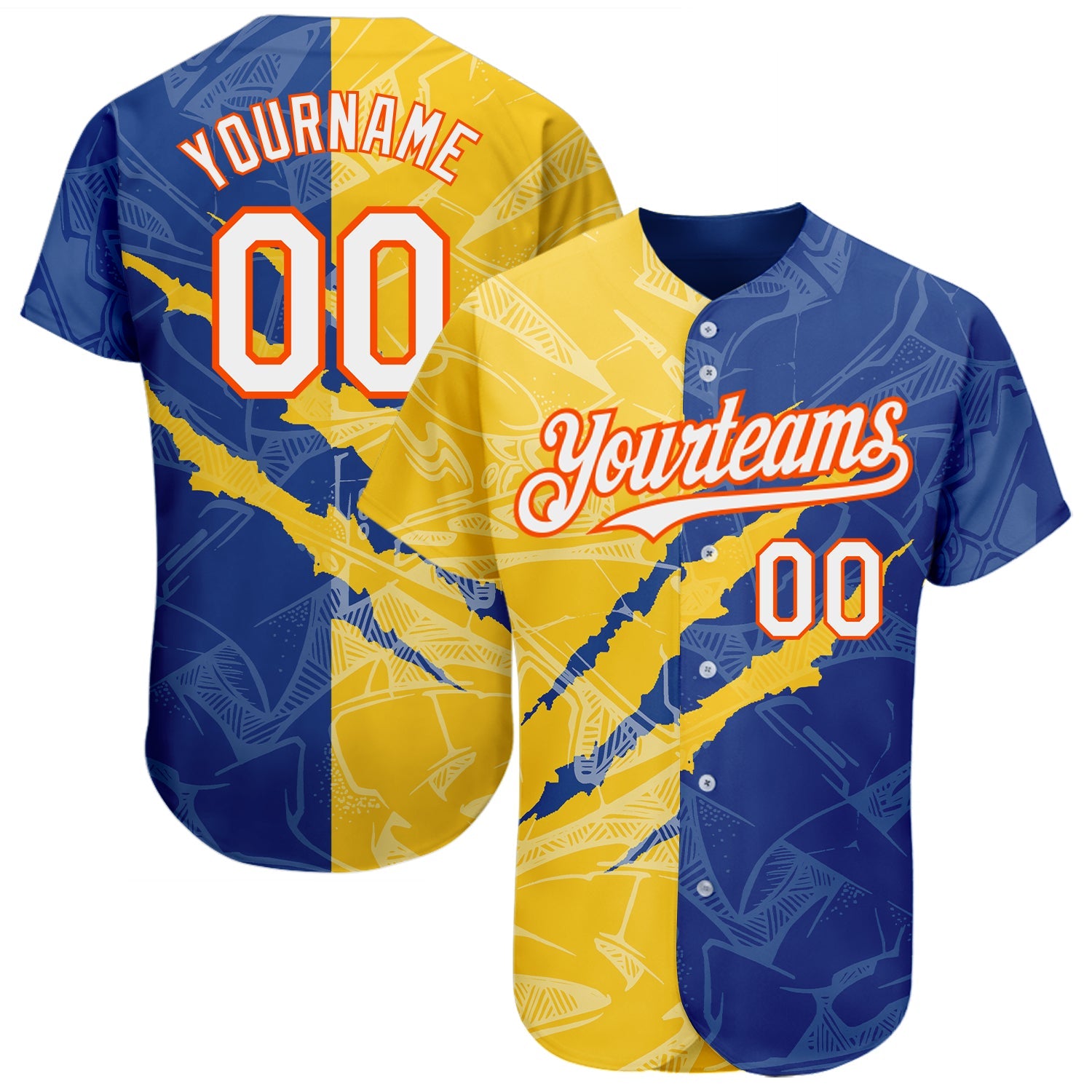 Custom Graffiti Pattern White Royal Yellow-Orange 3D Scratch Authentic Baseball Jersey - Main View