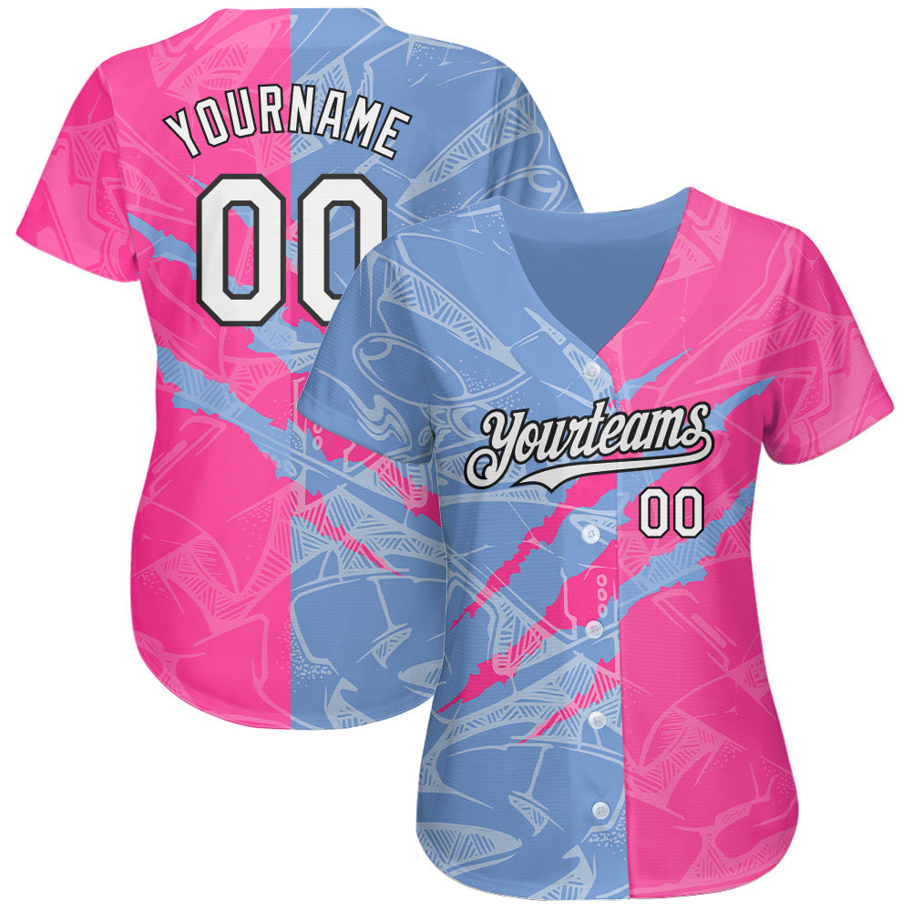 Custom Graffiti Pattern White Pink Light Blue-Black 3D Scratch Authentic Baseball Jersey view 2