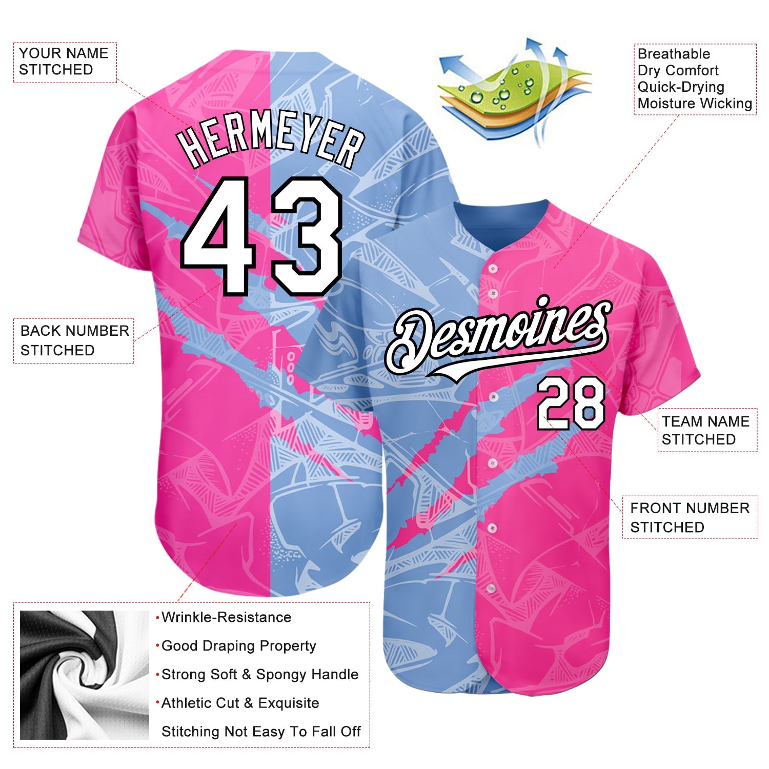 Custom Graffiti Pattern White Pink Light Blue-Black 3D Scratch Authentic Baseball Jersey view 3