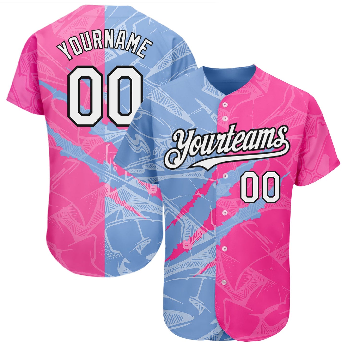 Custom Graffiti Pattern White Pink Light Blue-Black 3D Scratch Authentic Baseball Jersey - Main View