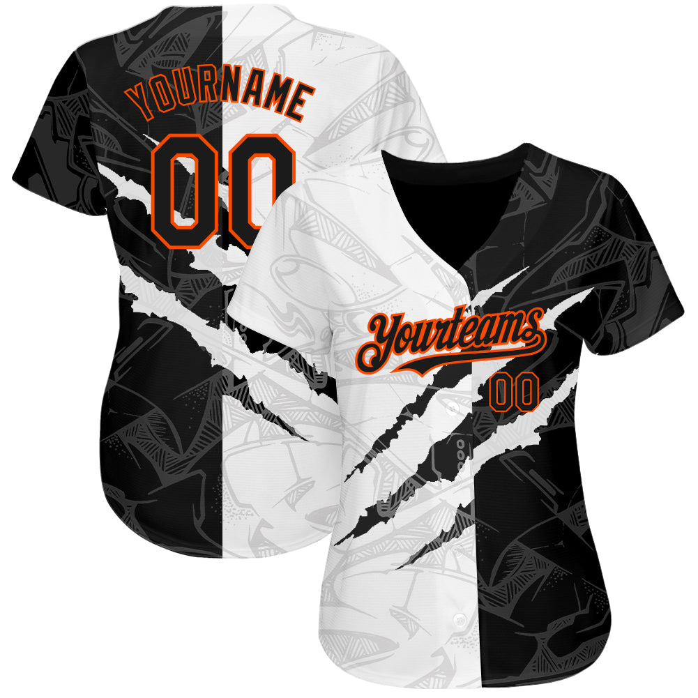 Custom Graffiti Pattern Black-Orange 3D Scratch Authentic Baseball Jersey view 2