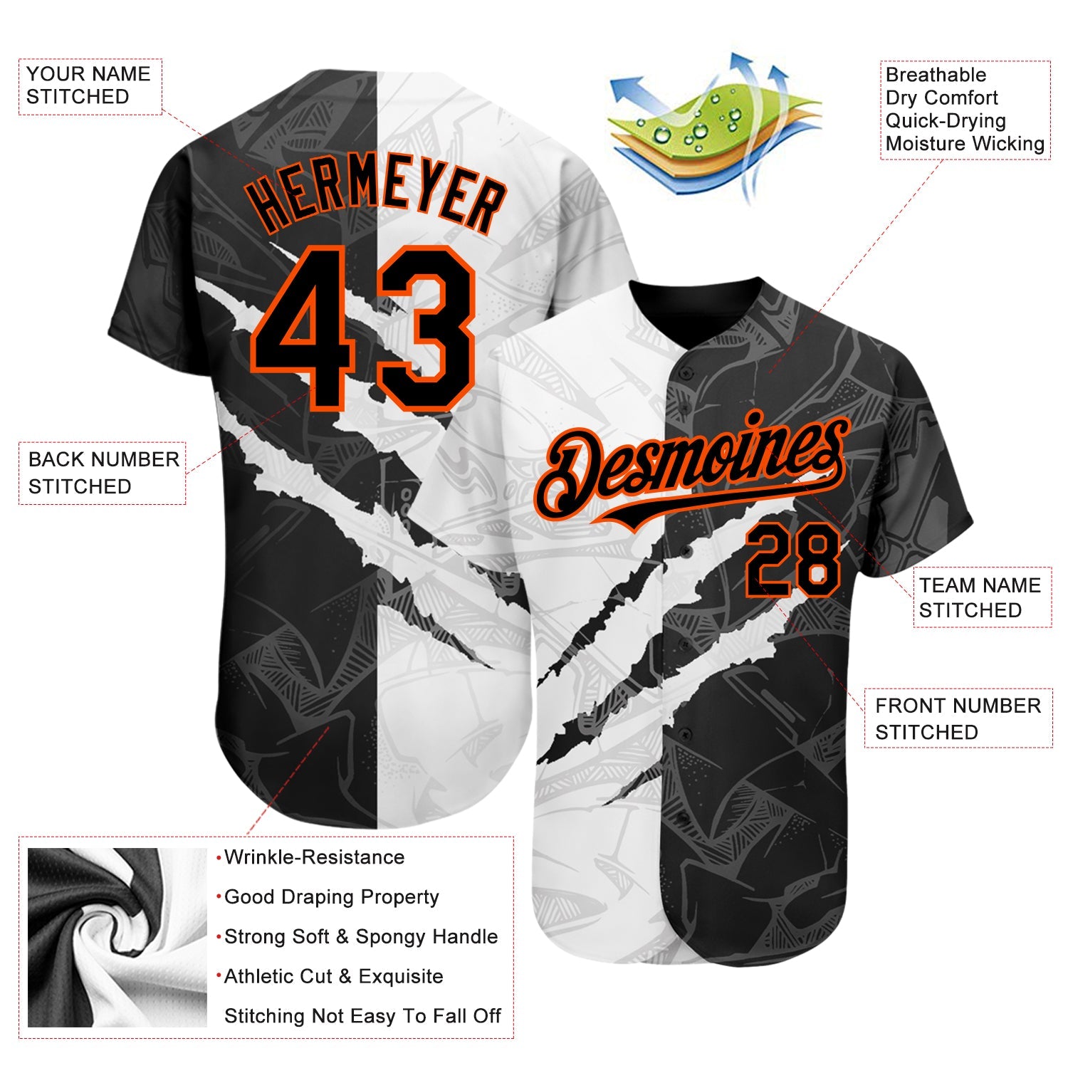 Custom Graffiti Pattern Black-Orange 3D Scratch Authentic Baseball Jersey view 3