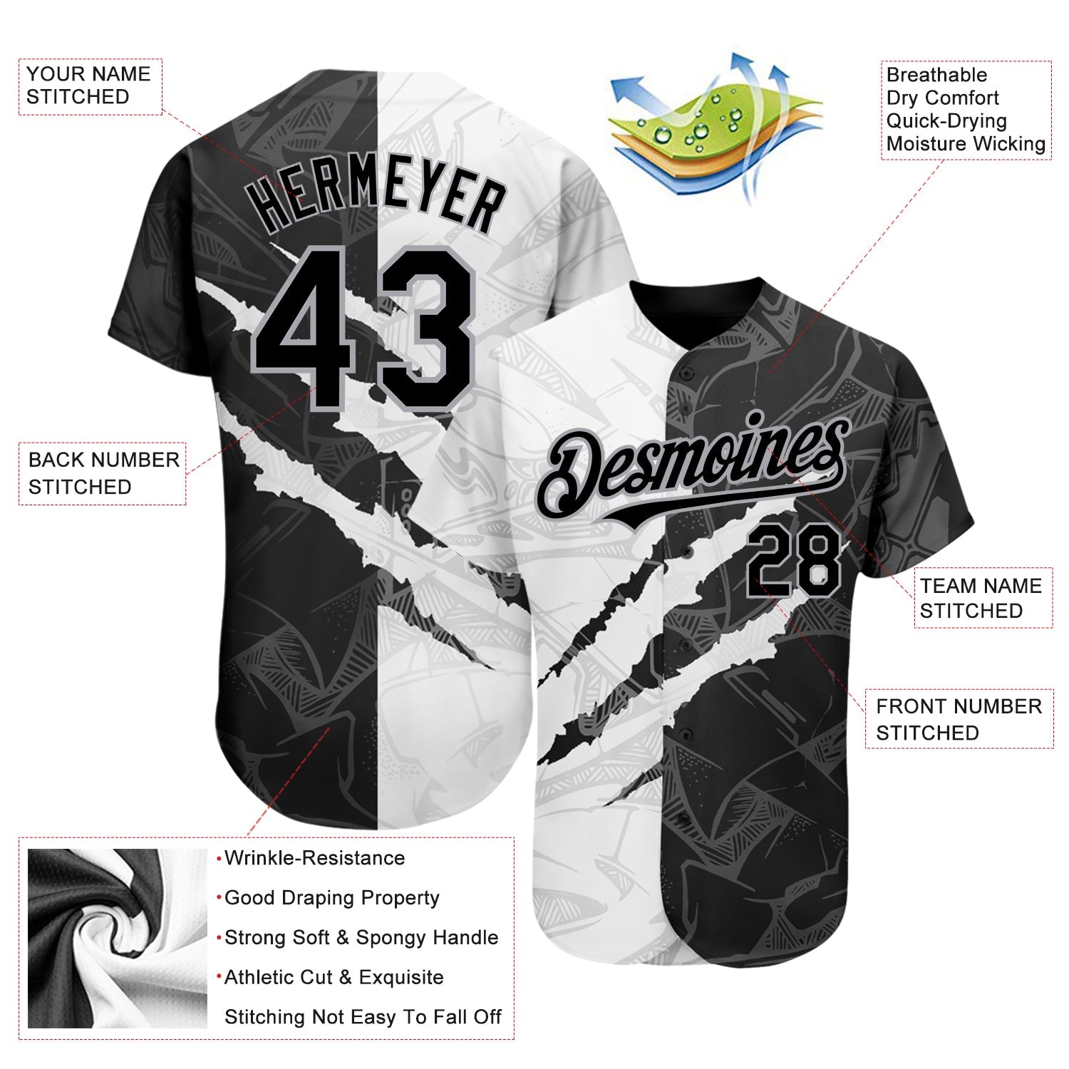 Custom Graffiti Pattern Black-Gray 3D Scratch Authentic Baseball Jersey view 3