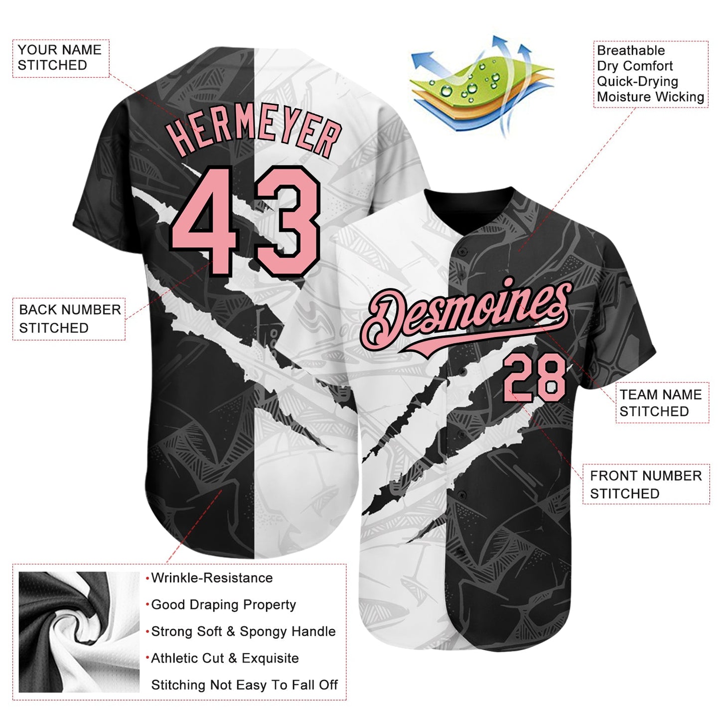 Custom Graffiti Pattern Medium Pink-Black 3D Scratch Authentic Baseball Jersey view 3